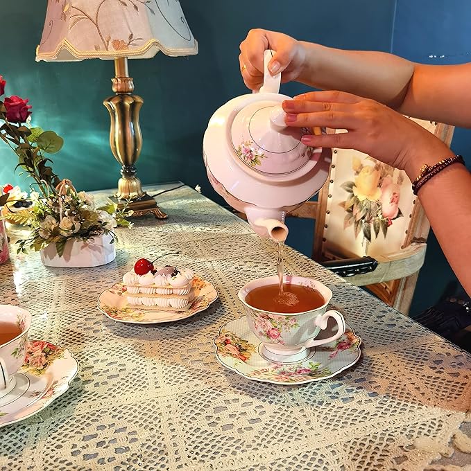 Pink Azalea Porcelain English Teapot, Coffee Pot, Golden Rim, Light Weight, 37 Oz