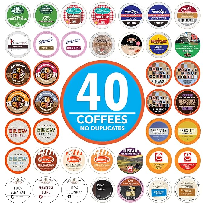 Crazy Cups Coffee Pods Variety Pack Sampler from Top Brands, Assorted Single Serve for Keurig K Cups Coffee Makers, 40 Unique Cups