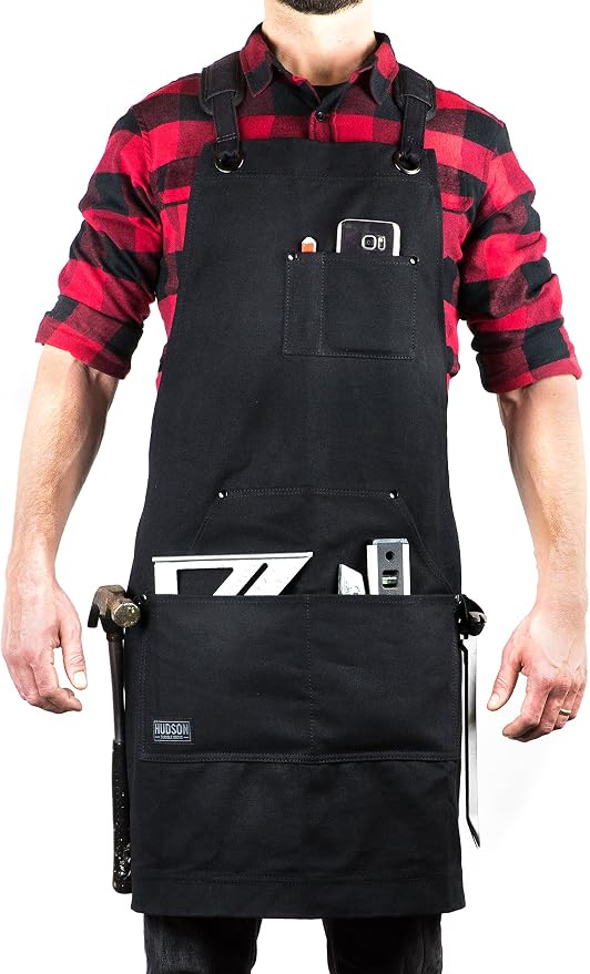 Hudson Durable Goods Deluxe Edition Waxed Canvas Tool Apron for Men and Women, Heavy Duty Work Apron with Front Pockets, Adjustable Padded Straps, Quick Release Buckle, Crossback - One Size, Black by HudsonDurableGoods