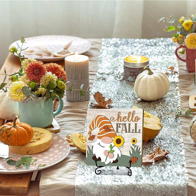 Hello Fall Home Decor Indoor, Autumn Gnome Thanksgiving Table Decor, 5"x5" Wood Plaque Gifts with Stand for Farmhouse Living Room Bathroom Kitchen Decoration -A05