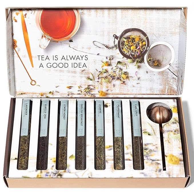Thoughtfully Gourmet, Tea Therapy Infusion Gift Set, 7 Unique Flavors and Reusable Copper Ball Infuser, Loose Leaf Tea Set Flavors Include Peppermint, Jasmine, Vanilla Chai and More, Set of 7