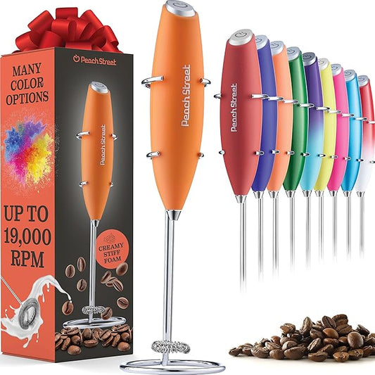 Powerful Handheld Milk Frother, Mini Milk Foamer, Battery Operated Stainless Steel Drink Mixer with Frother Stand