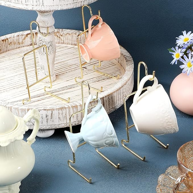 8 Pieces Tea Cup and Saucer Display Stand Holder Metal Cup Saucer Holder Pack Tea Coffee Mug Organizer for Kitchen Plate 6.22 x 2.44 Inches(Gold)