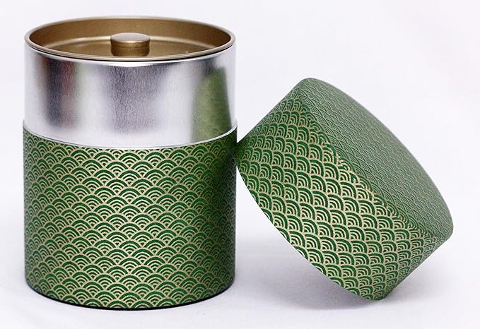 Washi Paper Tea Tin Canister: Wide 7oz (200g) Jade waves with gold outlines (#92), Japan