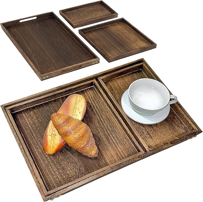 3-Piece Wooden Serving Tray Set - Nesting Platters for Entertaining & Breakfast