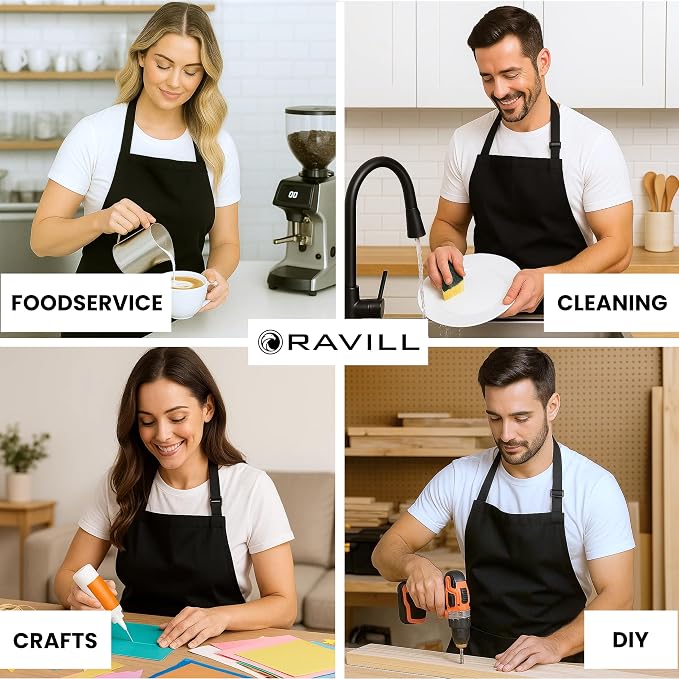 Ravill Black Apron with Pockets for Men and Women - 35" Long Multi Purpose Polyester Work Aprons for Cooking, Cleaning, Baking, Art - Water Resistant Kitchen Apron - Image 8