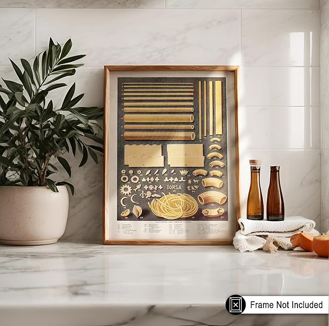 Poster Master Vintage Food & Drink Poster - Retro Pasta Print - Varieties of Pasta Art - Gift for Him, Her, Chef, Cook - Great Decor for Restaurant, Kitchen, Dining Room - 11x14 UNFRAMED Wall Art