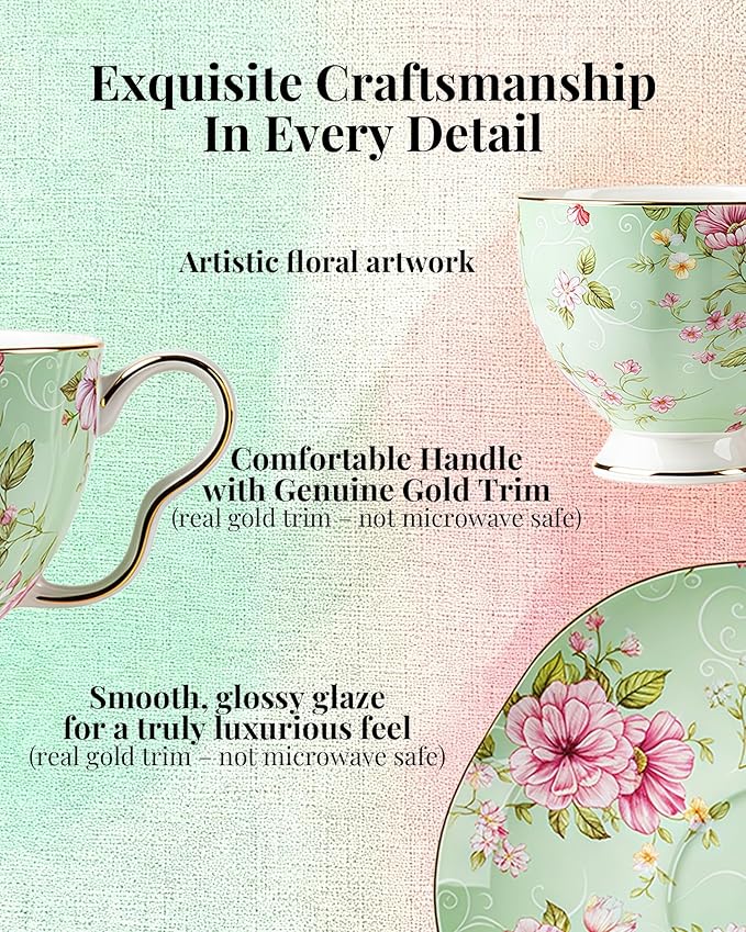 Exquisite Bone China Tea Cups and Saucer Set – Elegant Porcelain Tea Cups, Beautifully Detailed for Tea Lovers, Gift-Ready for Christmas, Hostess, Holiday Gift & Fall Decor