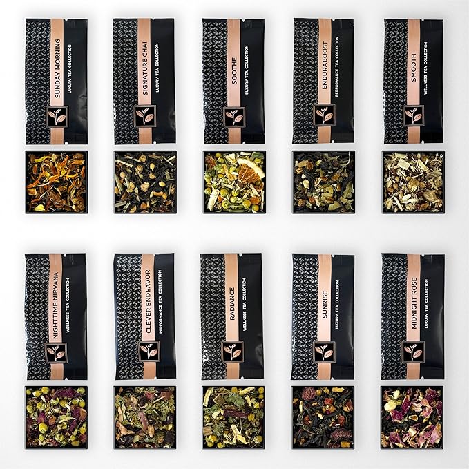 Pure And Easy Tea, Premium Loose Leaf Tea Sampler Set, 30-Count Variety Pack of Herbal and Caffeinated Blends, Luxury and Wellness Teas in a Designer Gift Box (150g)