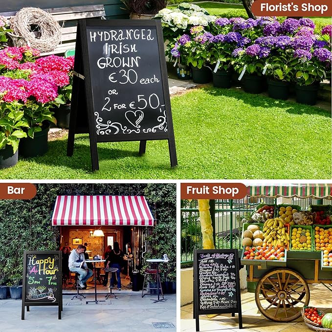 Chezerra A Frame Chalkboard Sign, 40"x20" Extra Large Sidewalk Chalk Board, Wooden Standing ChalkBoards Set with Markers, Double-Sided Magnetic Blackboard for Cafés, Weddings, Party Guide, Black