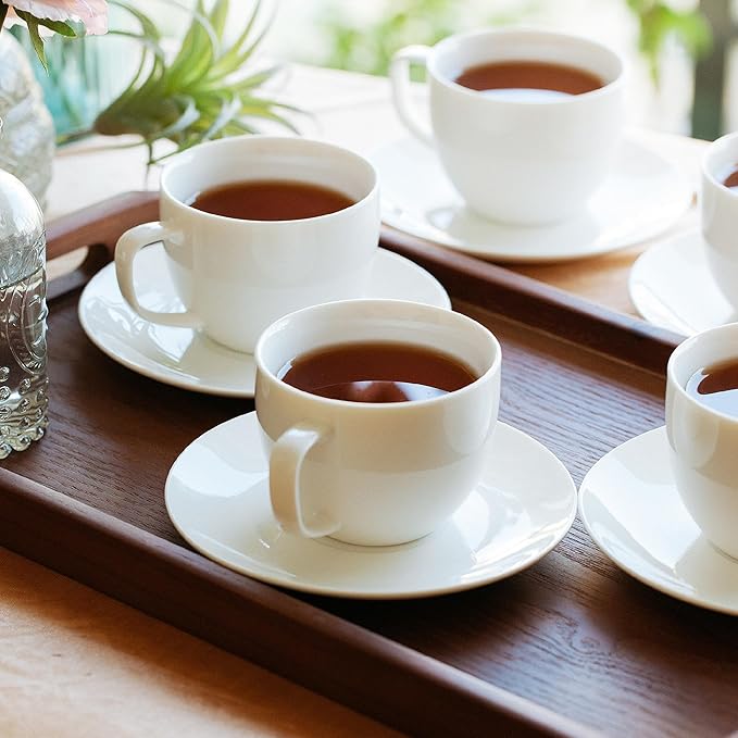 BTaT- Cappuccino Cups with Saucers 7 oz, Set of 6, White Porcelain Coffee Cup and Saucer Set for Latte, Mocha, Tea, Au Lait, Flat White, Dishwasher, Microwave, Freezer and Oven Safe