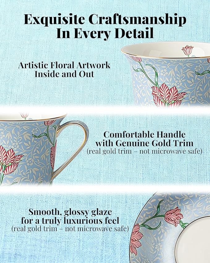 Exquisite Bone China Tea Cups and Saucer Set – Elegant Porcelain Tea Cups, Beautifully Detailed for Tea Lovers, Gift-Ready for Christmas, Hostess, Holiday Gift & Fall Decor