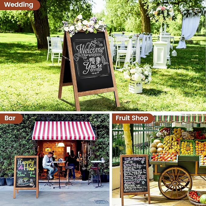 Chezerra A Frame Chalkboard Sign, 40"x20" Extra Large Sidewalk Chalk Board, Wooden Standing ChalkBoards Set with Markers, Double-Sided Magnetic Blackboard for Cafés, Weddings, Party Guide, Brown