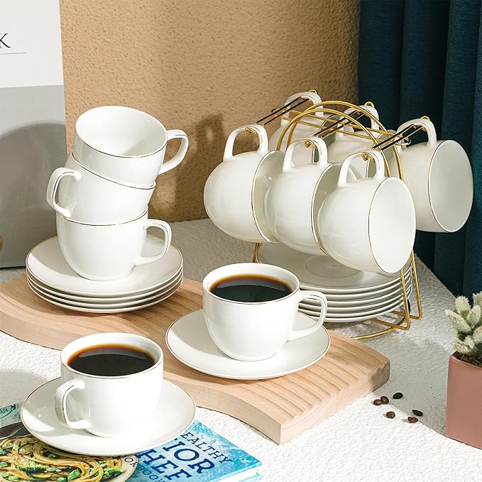 BTaT- Cappuccino Cups with Saucers 8 oz, Set of 12, White Porcelain Coffee Cup and Saucer Set for Latte with Golden Trim Design, Dishwasher Safe, Mocha, Tea, Au Lait, Flat White