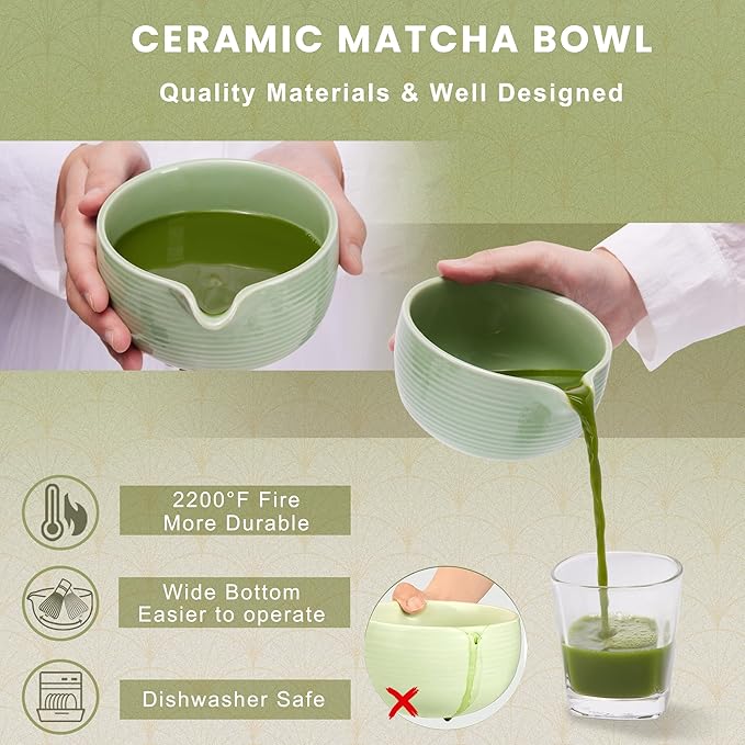 Matcha Whisk and Bowl with Ceramic Matcha Whisk Holder,Matcha Sifter, Matcha Spoon and Scoop Handmade from Natural Bamboo,Matcha Making Kit Cyan, Normal, ZYMC6Pcs01-Cyan