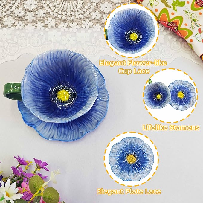 JUSONEY 10 oz Tea Cups and Saucers, Ceramic Flower-shaped Cappuccino Cup, Latte Cup and Saucer set, elegant floral Espresso Cup set, cups are microwave and dishwasher safe-Pink