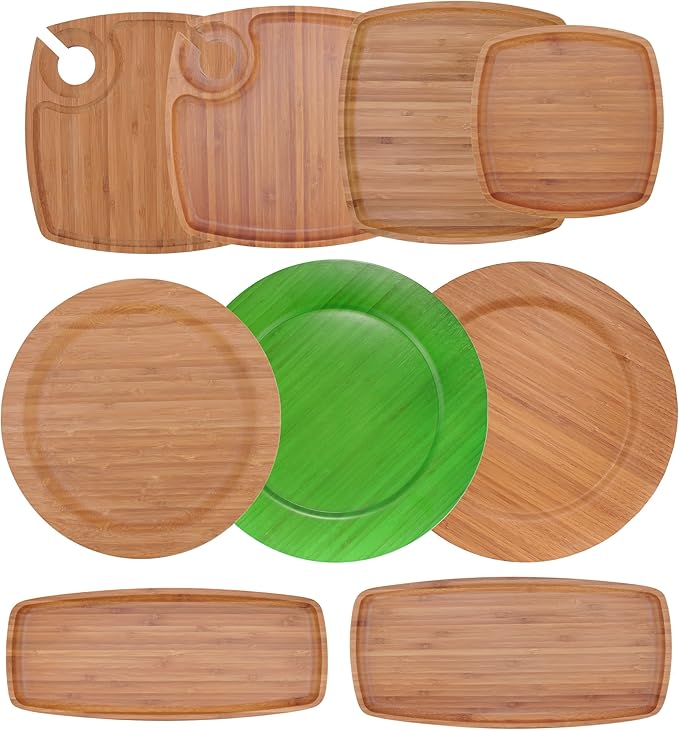 BambooMN 12" Dia Bamboo Reusable Dinnerware Charger Round Plates for Catered Events, Holidays, or Home Use Supplies, 4 Pcs
