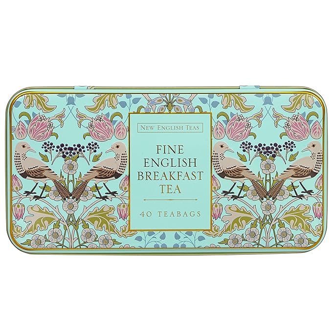New English Teas Song Thrush and Berries Tea Tin in Green with 40 English Breakfast Teabags
