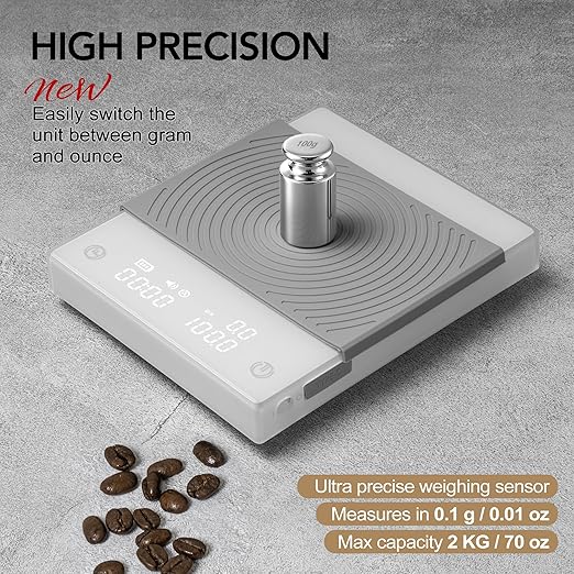 TIMEMORE Coffee Scale Basic 2.0 with Timer,Black Mirror Espresso Scale with Flow Rate Function, 2000g/0.1g High Accuracy, Digital Coffee Scale for Pour Over Drip Coffee, White