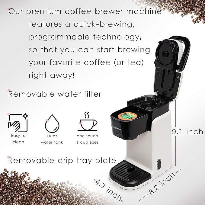 Mixpresso White Single Serve Coffee Maker for K Capsule, Compact Mini Coffee Maker 800 Watt Coffee Machine for Pods or Ground, Fast Brew, Auto Shut Off, 12 Oz Brew Size for Travel, Office, RV and Dorm