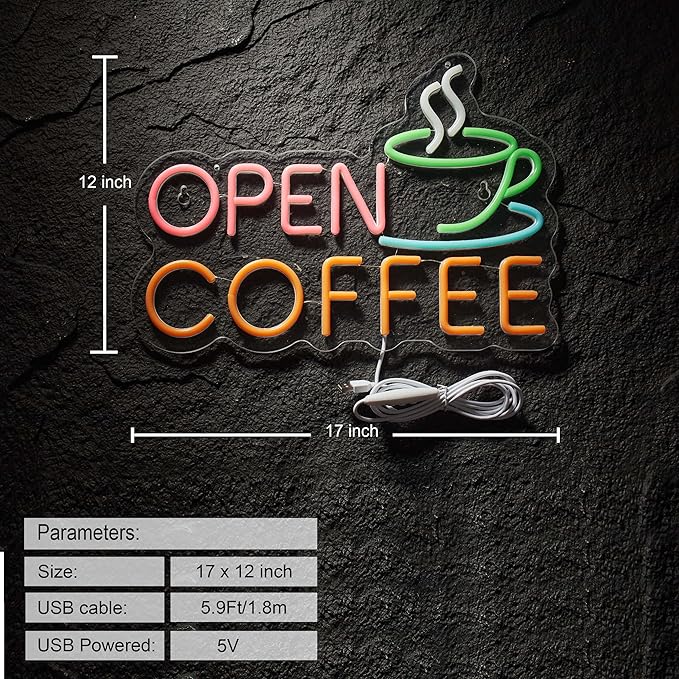 Coffee Open Neon Sign for Coffee Bar Wall Décor Dimmable Business Shop LED Neon Light USB Powered Art Signs Decor