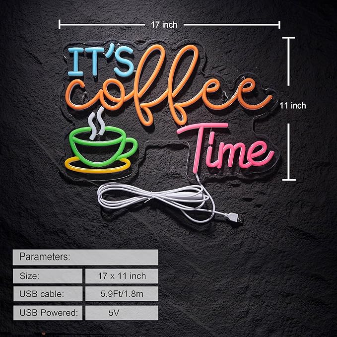It's Coffee Time Neon Sign for Wall Décor Dimmable Coffee Station Farmhouse Bar Office Home Signs LED Neon Light USB Powered Art Decor