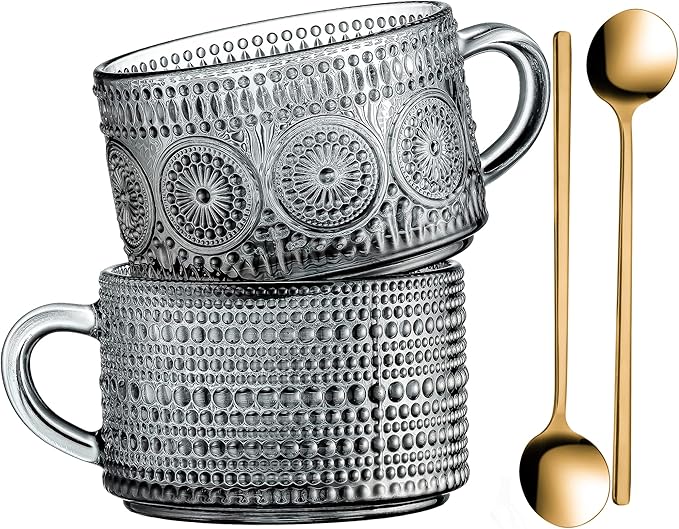 Gezzeny Vintage Glass Coffee Mugs 14 Oz Set of 2 Gray Embossed Tea Cups for Cappuccino, Latte,Cereal, Yogurt, Beverage Hot/Cold Mother's Father's Day Gifts