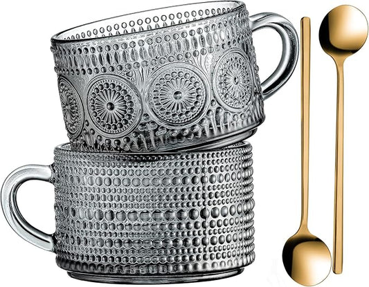 Gezzeny Vintage Glass Coffee Mugs 14 Oz Set of 2 Gray Embossed Tea Cups for Cappuccino, Latte,Cereal, Yogurt, Beverage Hot/Cold Mother's Father's Day Gifts