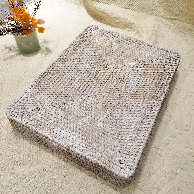 i-lan 17" White Washed Rattan Woven Large Serving Tray Platter for Ottoman,White Rectangular Basket Storage Platter with 2.4” Wall, Decorative Rattan Woven Baskets Tray for Fruits,Table Accessories