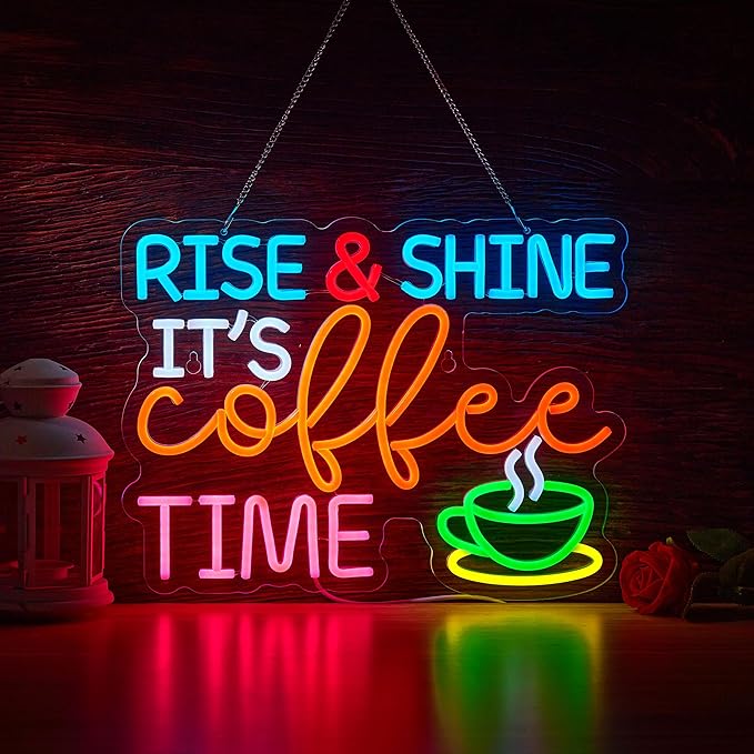 Coffee Bar Sign Rise Shine It's Coffee Time Neon Signs for Wall Décor Dimmable Cafe Station LED Neon Sign Light Decor