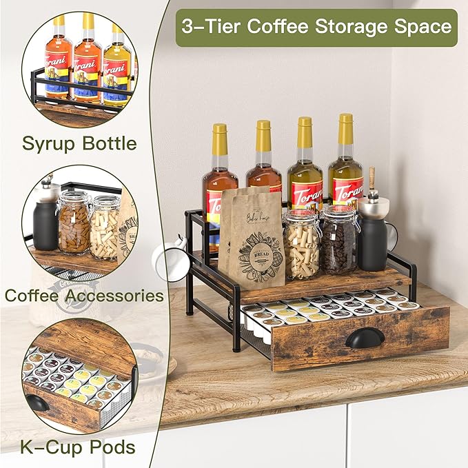 Coffee Syrup Rack Organizer, 3 Tier Countertop Storage Shelves with 35 K Cup Drawer, 8 Syrup Bottle Stand Holder for Wine, Kitchen Coffee Station Organizer Rack, Rustic Brown