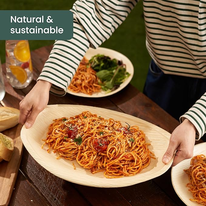 HAAGO 12 Pack 14x10 Large Palm Leaf Platters Bamboo Serving Tray (Boat) Disposable Charcuterie Boards Serving Trays & Platters for Party, Wedding & Picnic