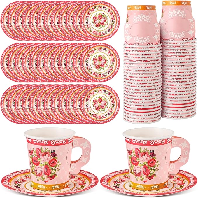 Nuogo 200 Pcs Floral Paper Tea Cups and Saucers 7 oz Disposable Tea Party Decorations Vintage Cute Paper Cups and Plates with Handles for Girls Wedding Baby Bridal Shower, Serve 100(Red)