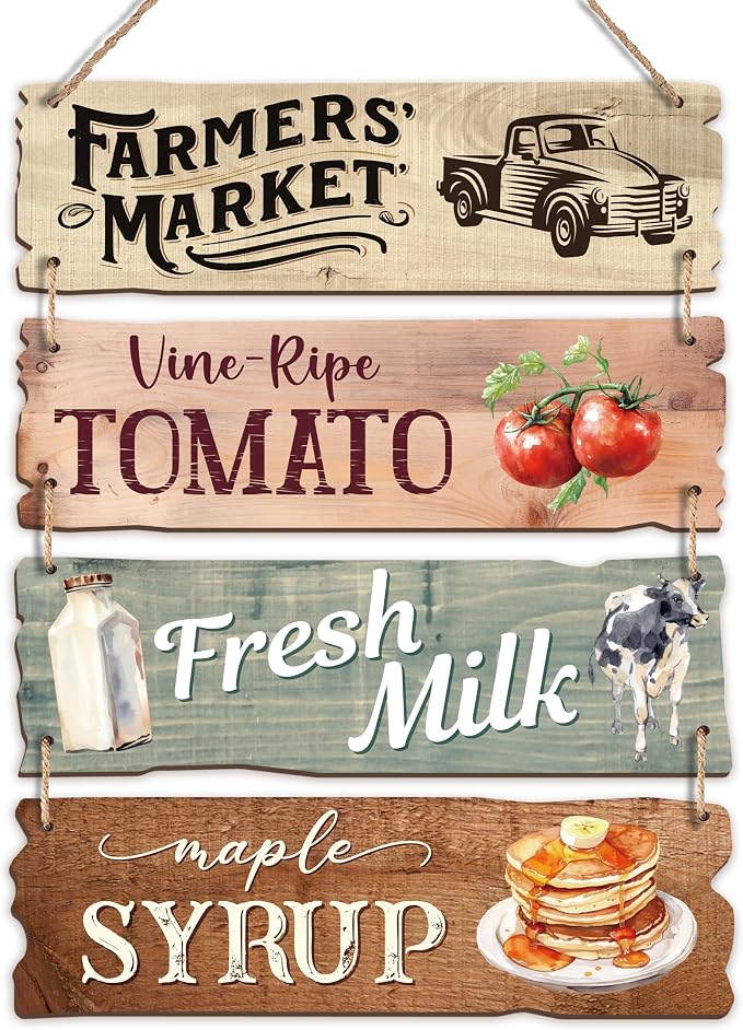 4 Pcs Wooden Signs For Farmers' Markets, Signs For Fresh Food In Farmers' Markets, Kitchen And Cafe Bar Decorations, Wall Decorations Artwork,Rustic Wooden Decorative Gifts (Color 3) by HandEasy