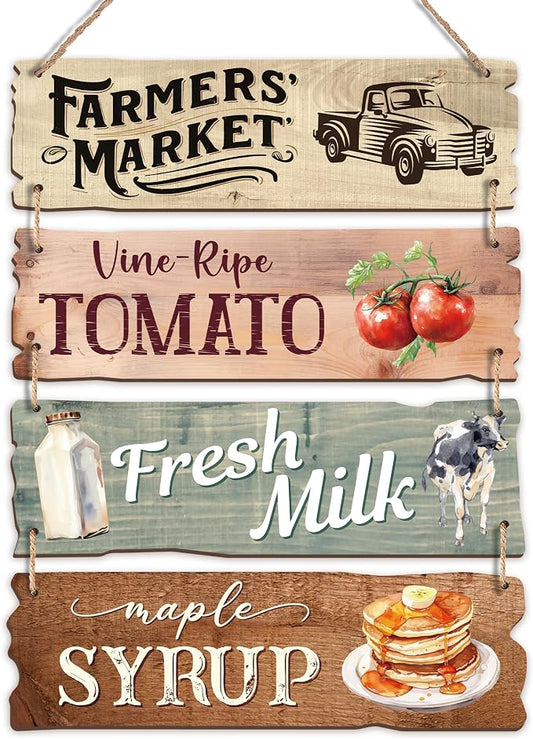 4 Pcs Wooden Signs For Farmers' Markets, Signs For Fresh Food In Farmers' Markets, Kitchen And Cafe Bar Decorations, Wall Decorations Artwork,Rustic Wooden Decorative Gifts (Color 3) by HandEasy