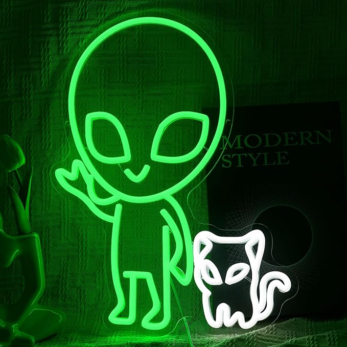 Alien Cat Neon Sign Dimmable Weird Alien Neon Light Wall Decor 5V USB Powered Cute Cat LED Light Sign for Bedroom Living Room Game Room Man Cave Bar Party Cafe Boys Girls Gift(16.5 * 12.6In) by BNEMCEZHLEDNEONSIGN