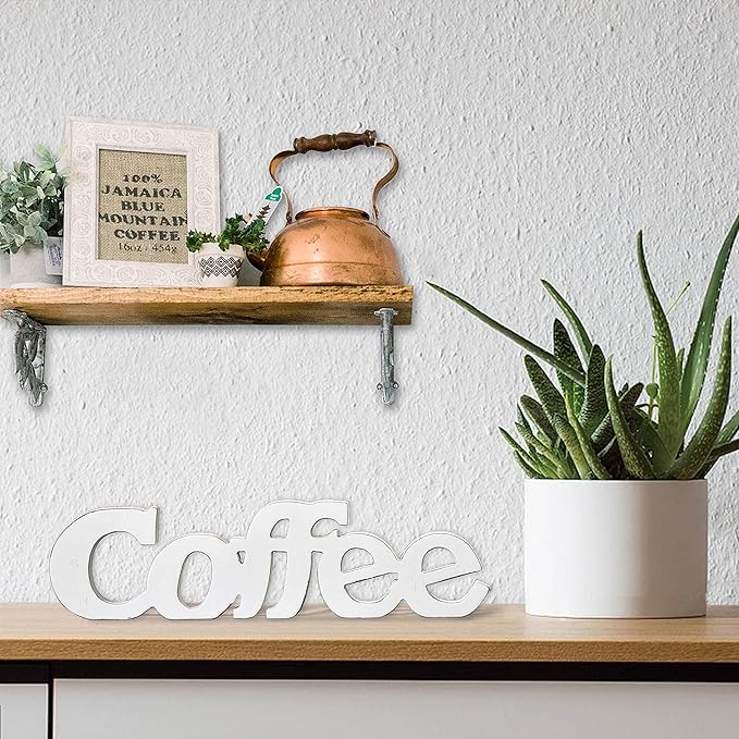 Rustic Distressed White Coffee Sign for Tabletop for 14", Wall Hanging Farmhouse Signs for Coffee Station, Wood Signs for Home Decor Kitchen Shelf Christmas