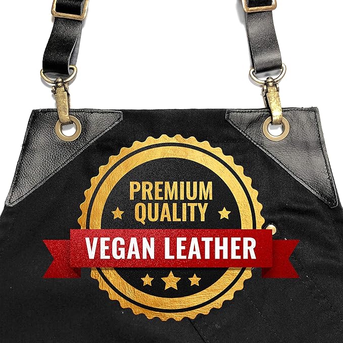 Under NY Sky Barista Apron - Black Leather Straps and Reinforcement - Riveted Pockets - Double Stiched - Leather Ring Loop - Professional Black Twill - Double as Half Bistro Apron - Chefs, Bartender
