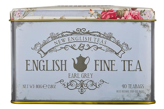 New English Teas Vintage Floral Tea Tin with 40 Earl Grey Teabags with Bergamot Flavouring