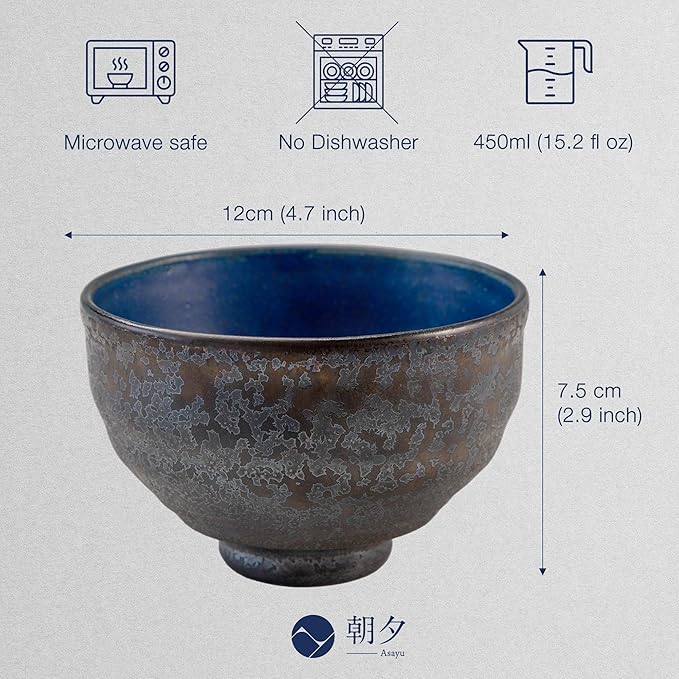 Asayu Japan Matcha Bowl, Handmade in Gifu Japanese Ceramic Chawan, 12 x 7.8 cm, 500ml, Microwave Safe for Tea Ceremoney, Green Tea, Pottery - Kurogane Blue