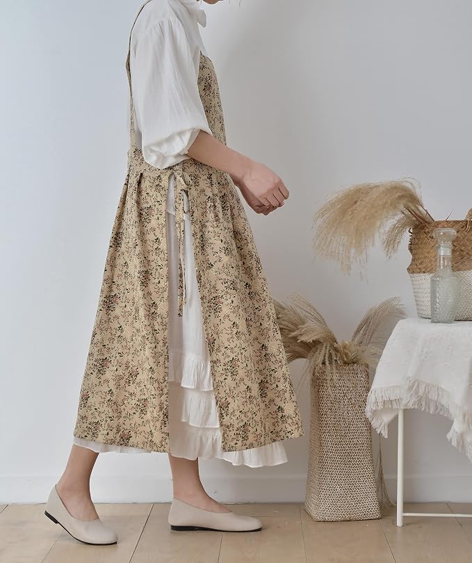 Japanese Cotton Linen Cross Back Apron with Pockets,Fashion Pinafore Dress for Gardening Painting Cleaning Cooking - Image 7
