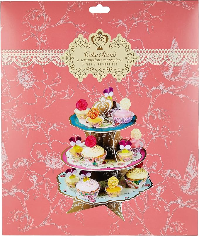 Talking Tables Height 36cm Floral Cake Stand Party Decorations | Truly Scrumptious |Card, 3-Tier Blue & Yellow, Anniversary, 14", Pink, Blue, Yellow For Birthday, Afternoon Teas, Baby Shower, Wedding