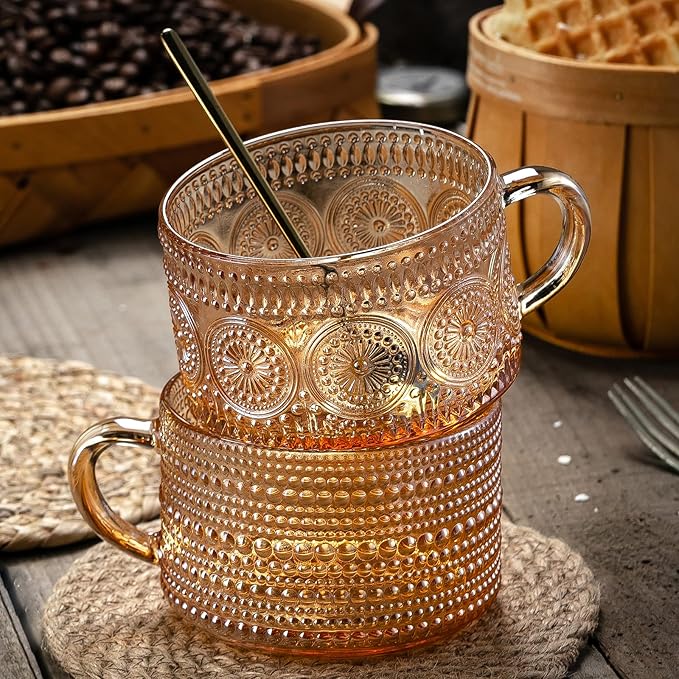 Gezzeny Vintage Coffee Mugs 14 Oz Set of 2 Amber Embossed Glass Tea Cups for Cappccino, Latte,Cereal, Yogurt, Beverage Christmas Thanksgiving Day Gifts