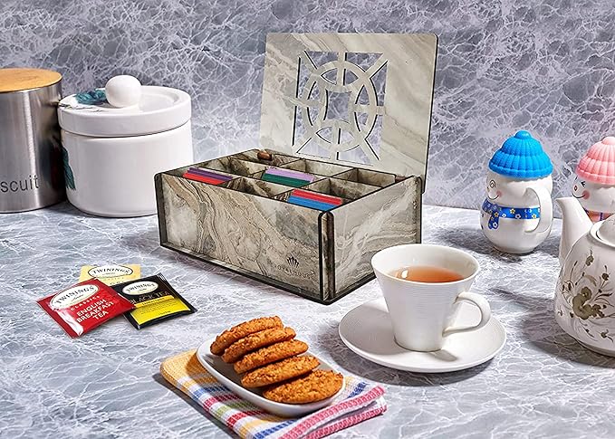 RoyalHouse Premium Wood (Hard MDF) Tea Storage Box Organizer (Grey Marble), Eco-Friendly Multi-Functional Decorative Box, 9 Compartments For Assorted Variety Of Tea Bags and Small Items