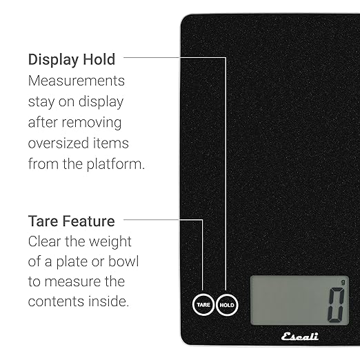 Escali Arti Glass Food Scale Digital Countertop Kitchen, Baking and Cooking Scale with Nutrition and Calorie Counter, 15-Pound Capacity, 9" x 6.5" x .75", Black
