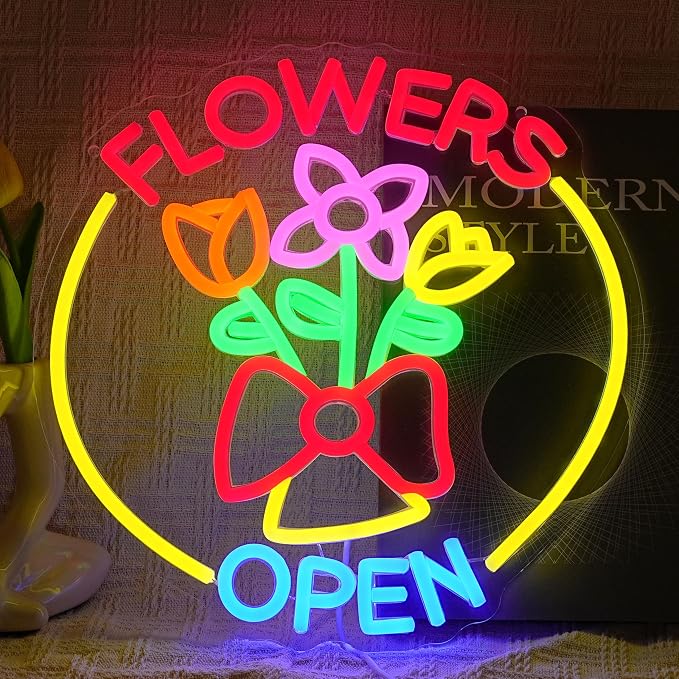 Flowers Open Neon Sign for Business Decor Dimmable Beautiful Flower Shop Neon Light Sign Bright Open Light up Sign for Florist Garden Supermarket Souvenir Store Bar Home Party Window Art Wall by BNEMCEZHLEDNEONSIGN