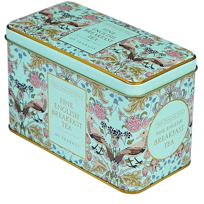 New English Teas Song Thrush and Berries Tea Tin in Green with 40 English Breakfast Teabags
