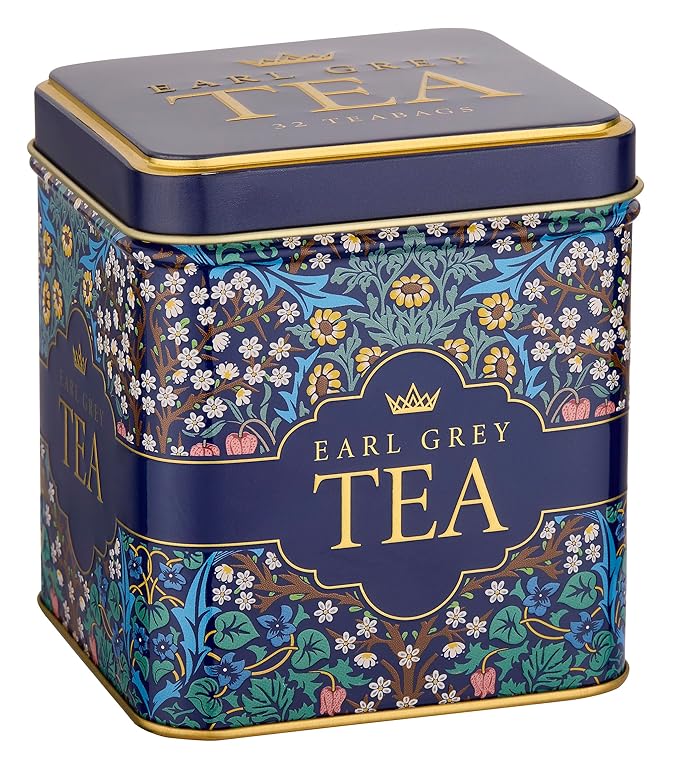 New English Teas Victorian Garden Tea Tin with 32 English Breakfast Teabags – Tapestry Inspired Tin with Decorative Pink Florals (Earl Grey)
