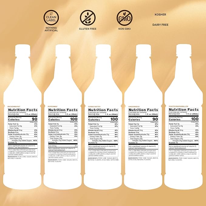 Monin - 5 Flavor Holiday Cheer Collection: Macadamia Nut, Peppermint, Cookie Butter, Toasted Marshmallow, & Gingerbread, Natural Flavors for All Drinks, Gluten-Free (1.69 oz per bottle)