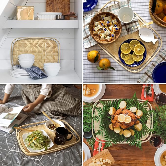 PEMAR Large Bamboo Wicker Serving Trays Set of 2 – 19.3″ x 13.8″ Rectangular Hand-Woven Lap/Breakfast Trays with Handles – Rustic & Decorative Kitchen, Coffee Table & Bed Tray